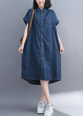 Vestido camisero de algodón azul con bolsillo extragrande y manga corta